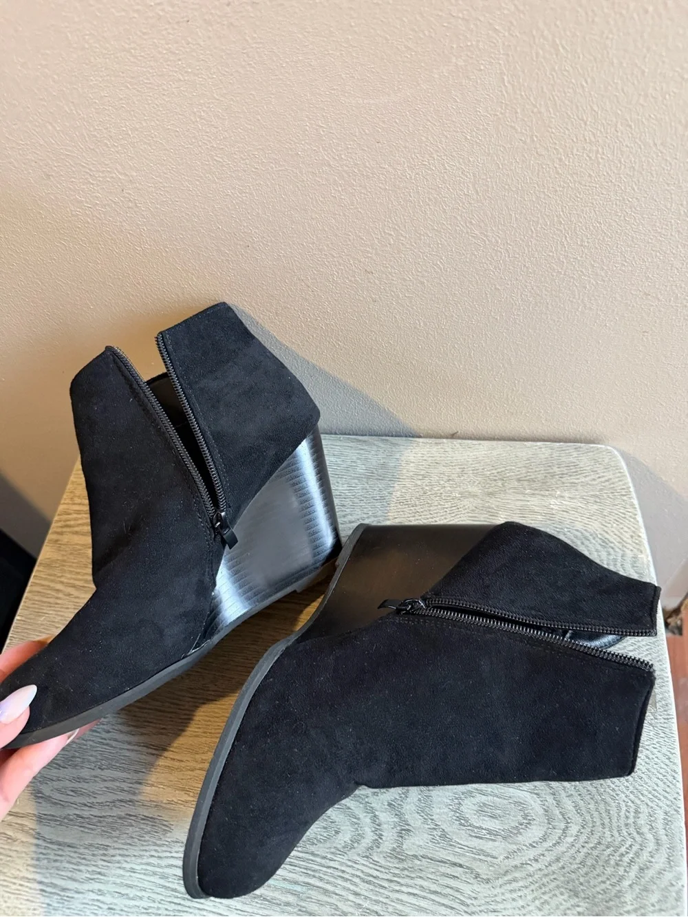 Black Suede Wedge Ankle Bootie - Women's